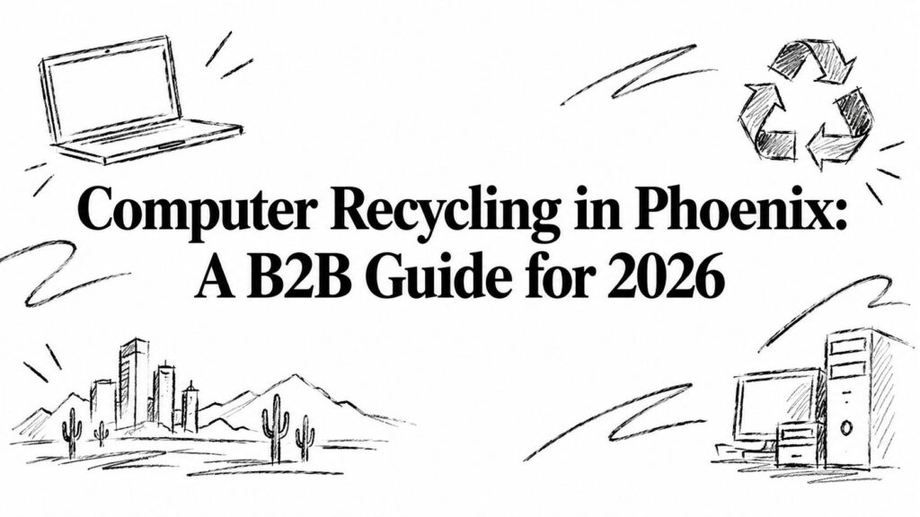 A graphic titled Computer Recycling in Phoenix: A B2B Guide for 2026 with sketches of tech and city.
