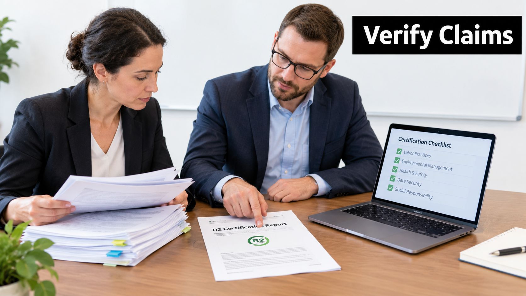 A professional man and woman reviewing an R2 certification report and compliance checklist for electronics recycling standards.