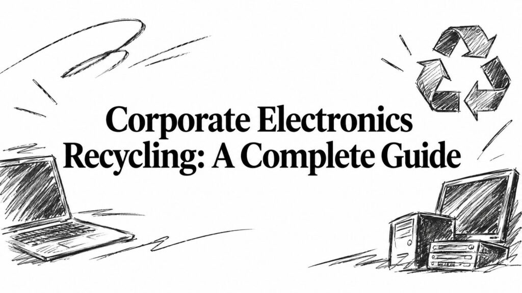 A sketch illustration titled Corporate Electronics Recycling: A Complete Guide showing a laptop and PC.
