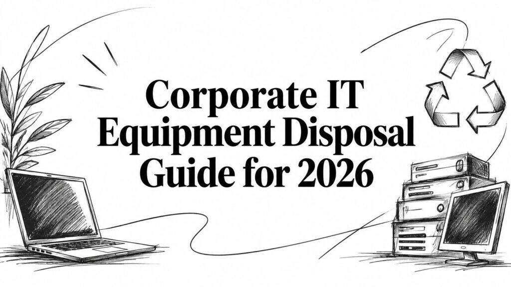A sketch illustration titled Corporate IT Equipment Disposal Guide for 2026 featuring a laptop and monitors.