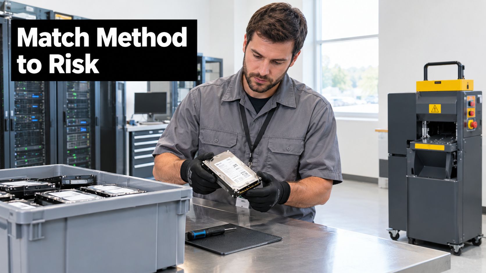 A technician wearing protective gloves inspects a hard drive in a professional data center facility environment.