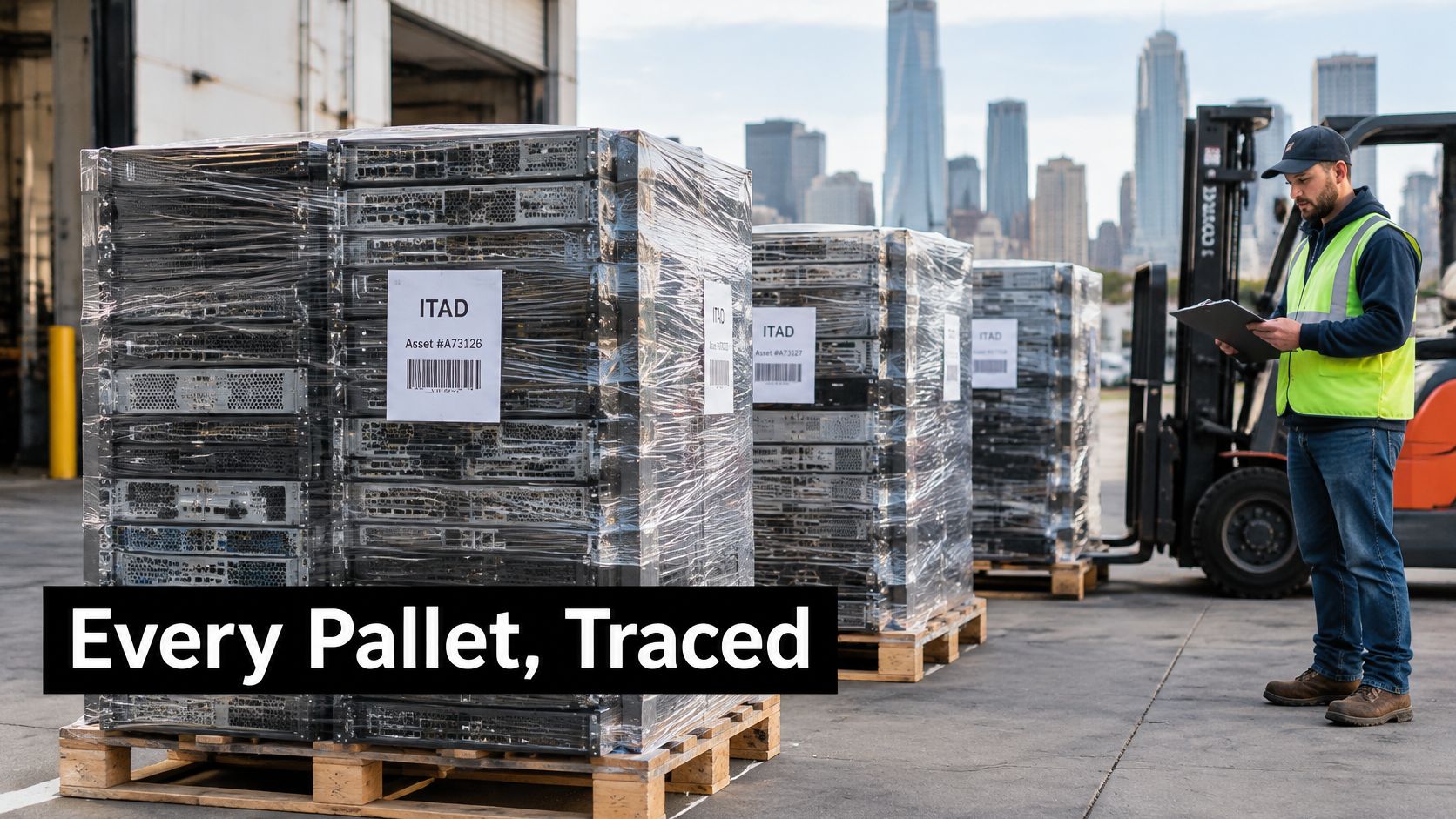 A logistics worker with a clipboard checks pallets of stacked servers outside a data center facility.
