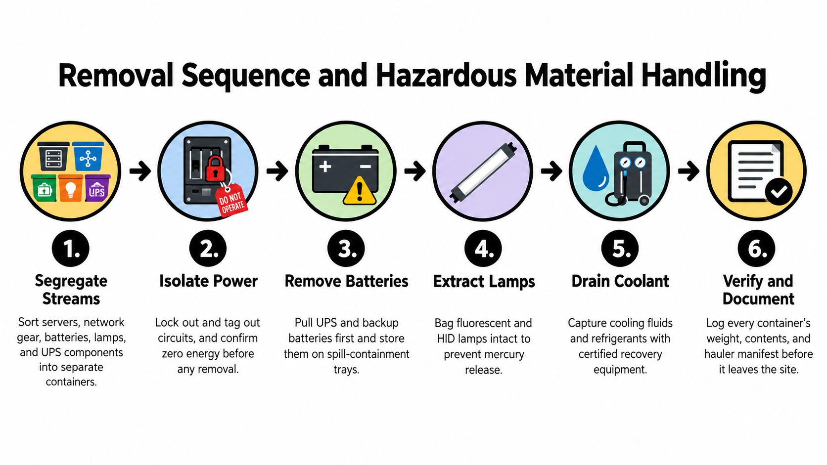 An infographic showing a six-step process for safe removal and hazardous material handling in data centers.