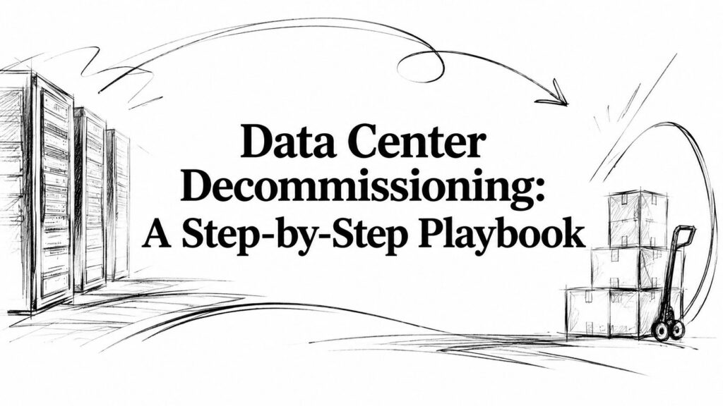 Illustration titled Data Center Decommissioning showing server racks and a dolly with stacked boxes.