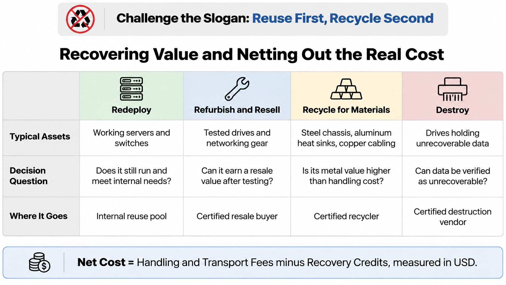 A chart detailing asset management strategies for IT hardware including redeployment, refurbishment, recycling, and secure destruction.