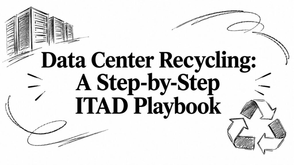 A title card for Data Center Recycling: A Step-by-Step ITAD Playbook featuring server and recycle icons.