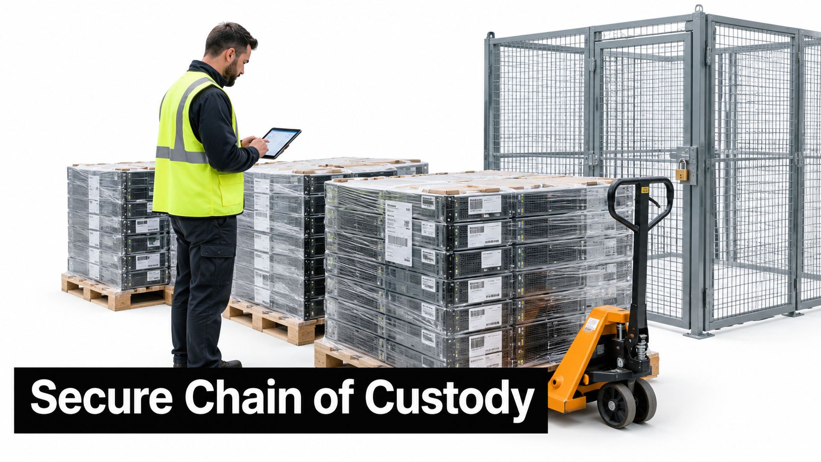 Warehouse worker using a digital tablet to manage pallets of stacked IT server equipment for secure disposal.