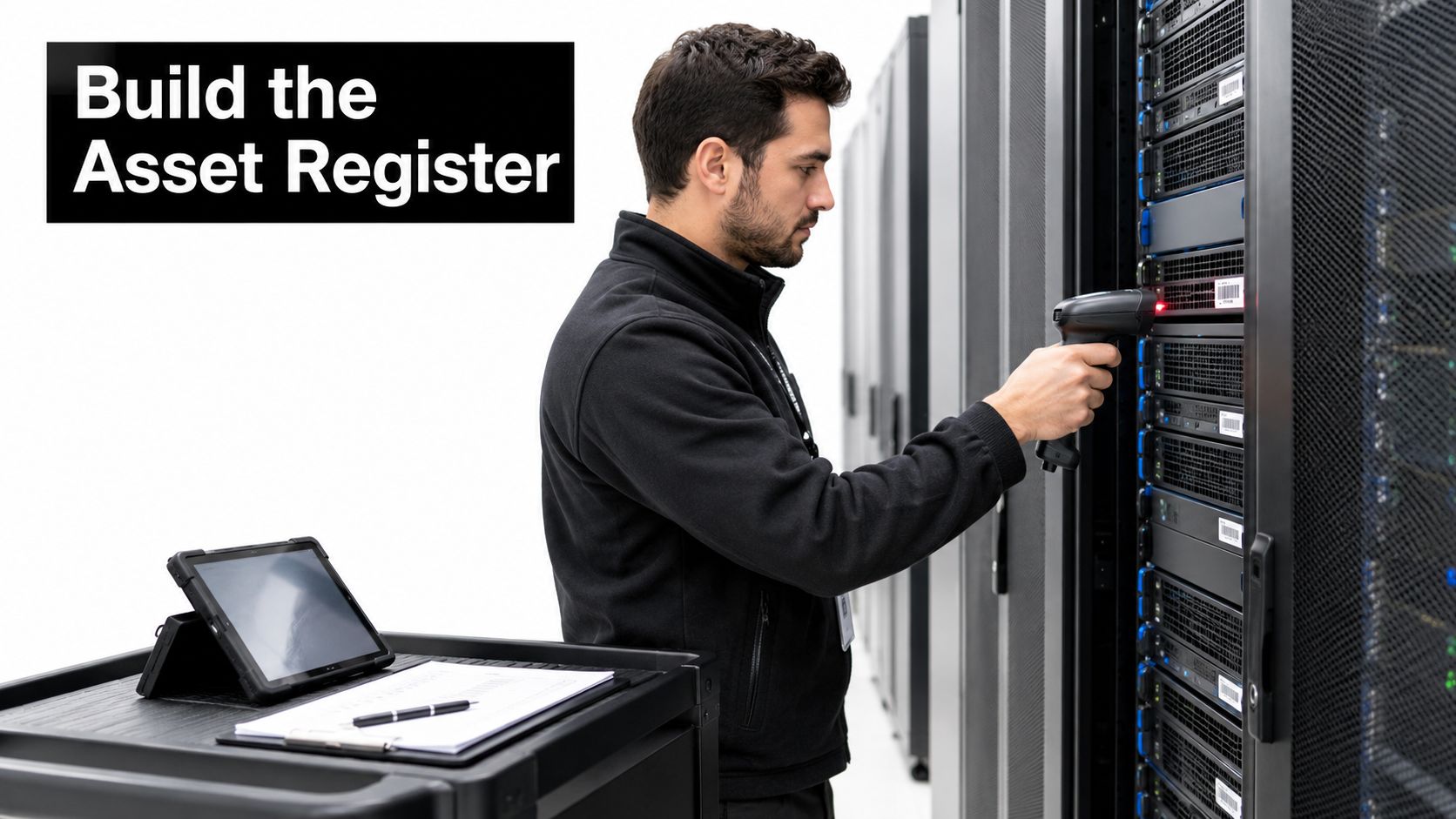 A technician scans a barcode on a server rack to inventory equipment in a modern data center.