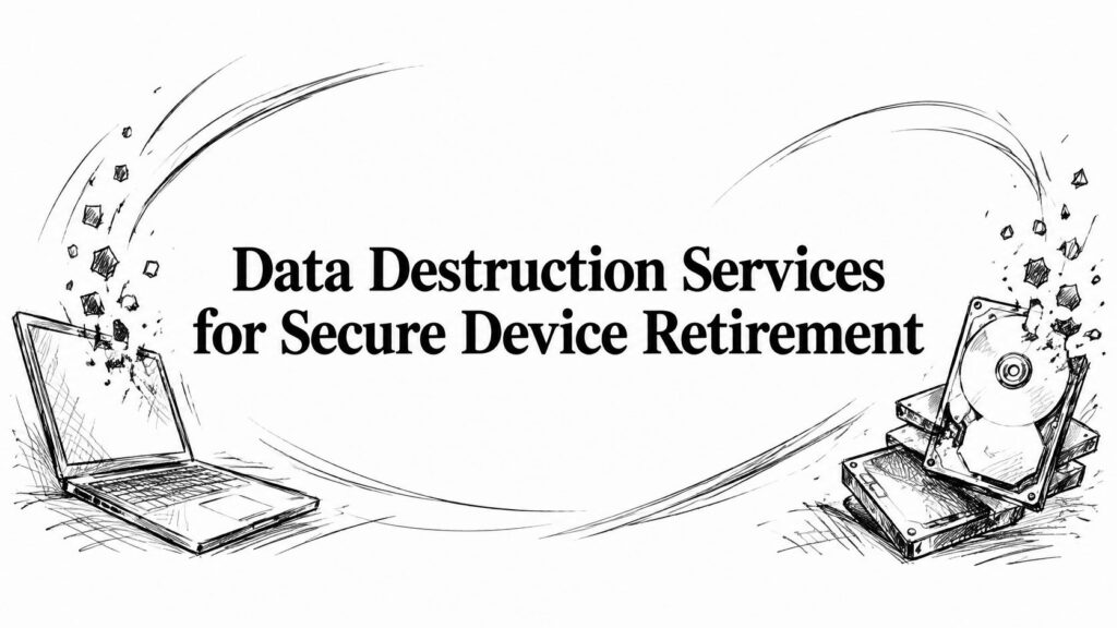 A sketch of a shattered laptop and hard drives labeled Data Destruction Services for Secure Retirement.