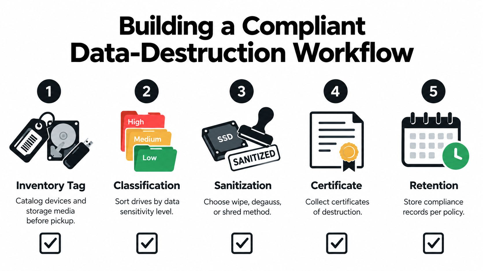 A five-step infographic showing the compliant workflow for secure data destruction of storage devices and media.