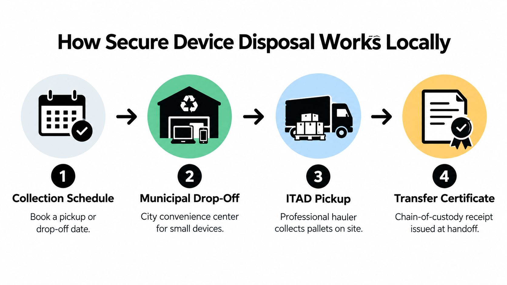 A four-step infographic illustrating the secure local process for disposing of electronic devices and data.