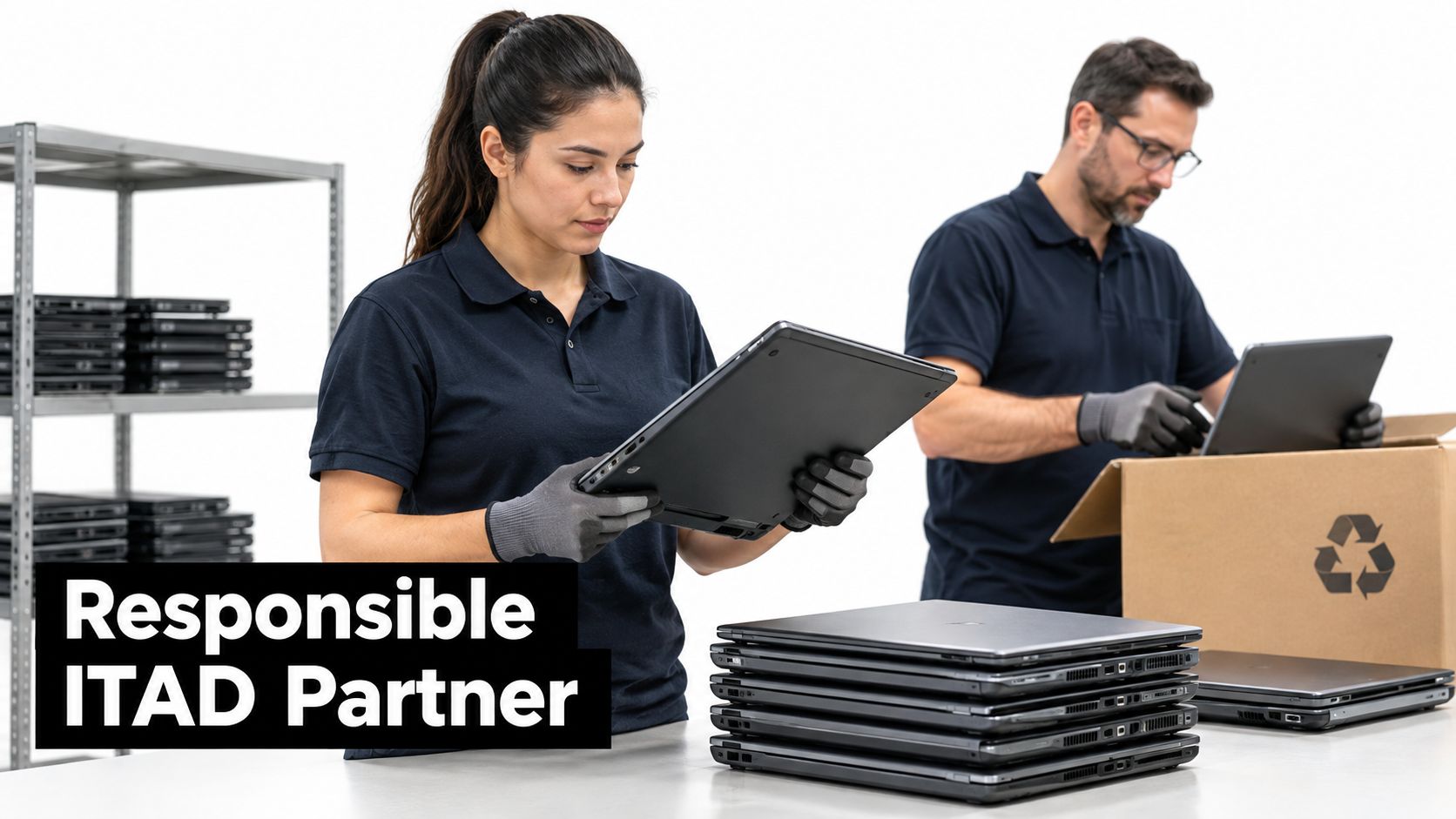 Two IT technicians in dark uniforms inspecting and processing used laptops for recycling and data security.