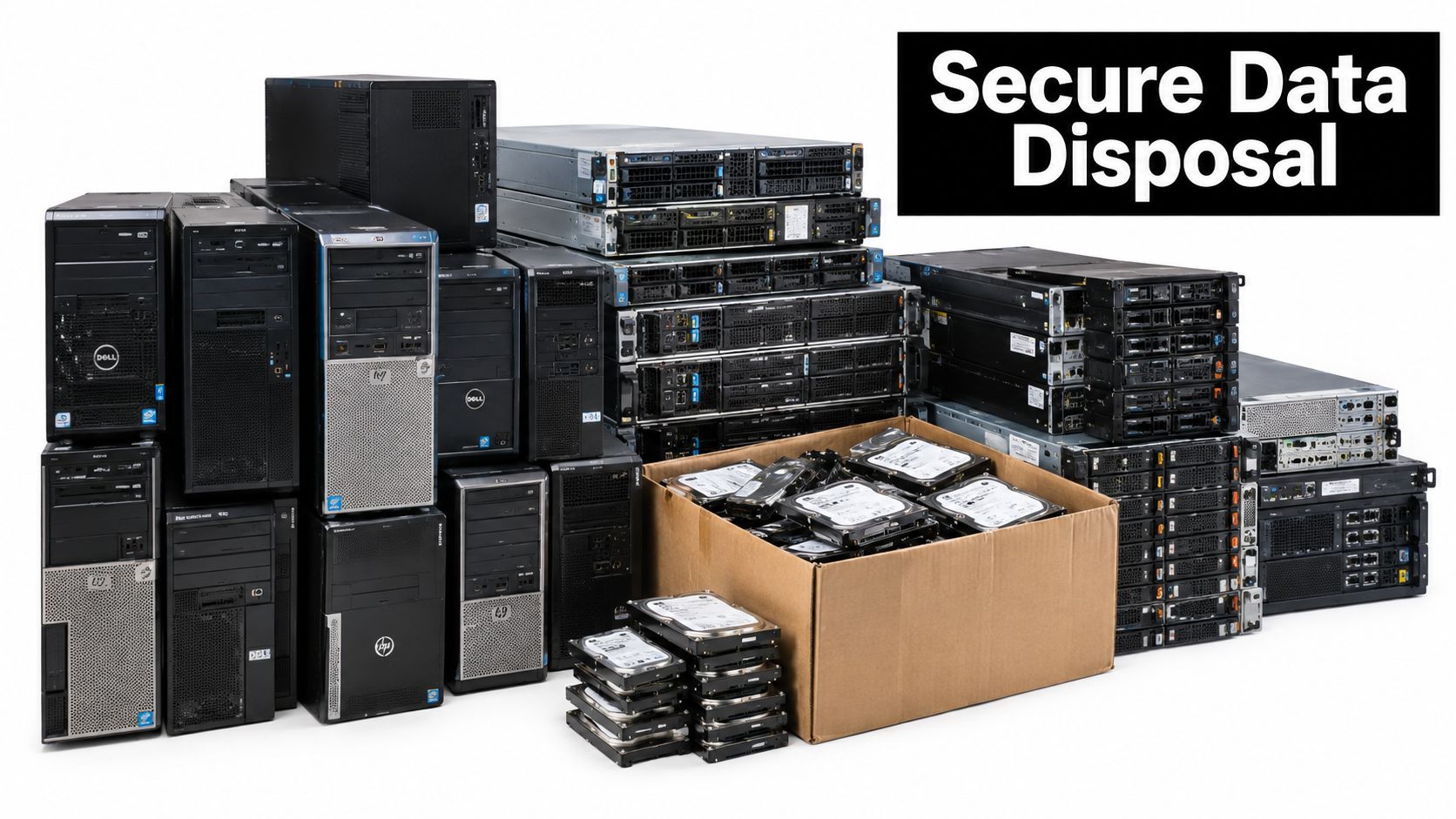 A stack of old computer towers, server racks, and a cardboard box full of hard drives for disposal.