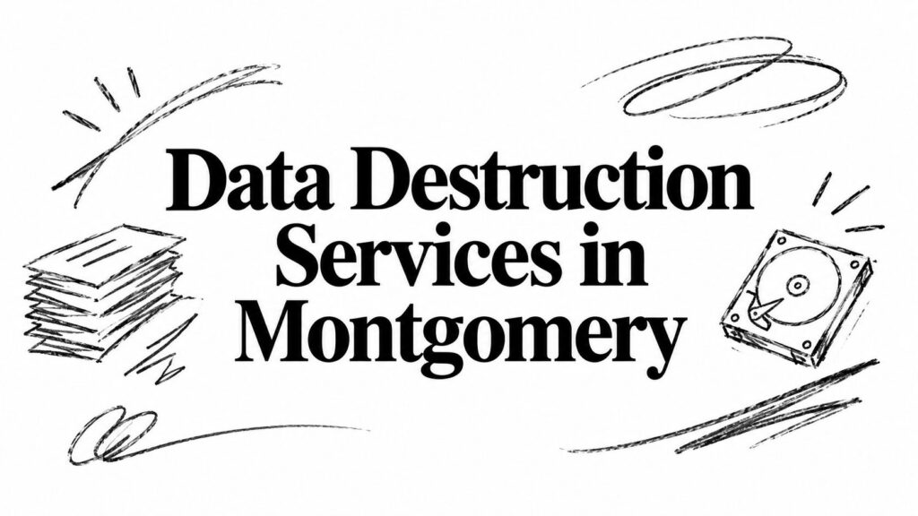 Graphic showing Data Destruction Services in Montgomery with illustrations of paper and a hard drive.