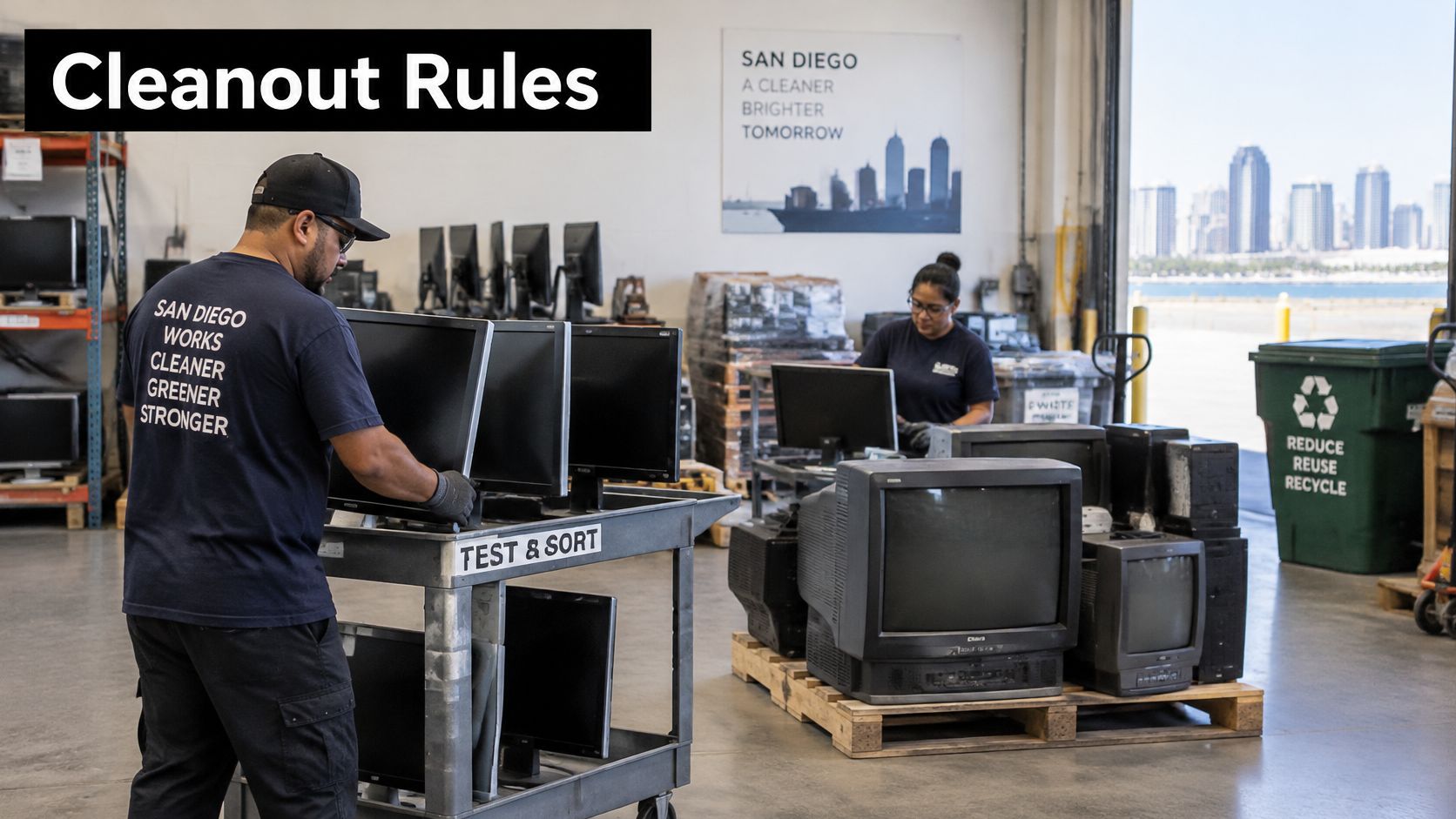 Workers in a San Diego electronics recycling facility sorting and testing used monitors and television sets.