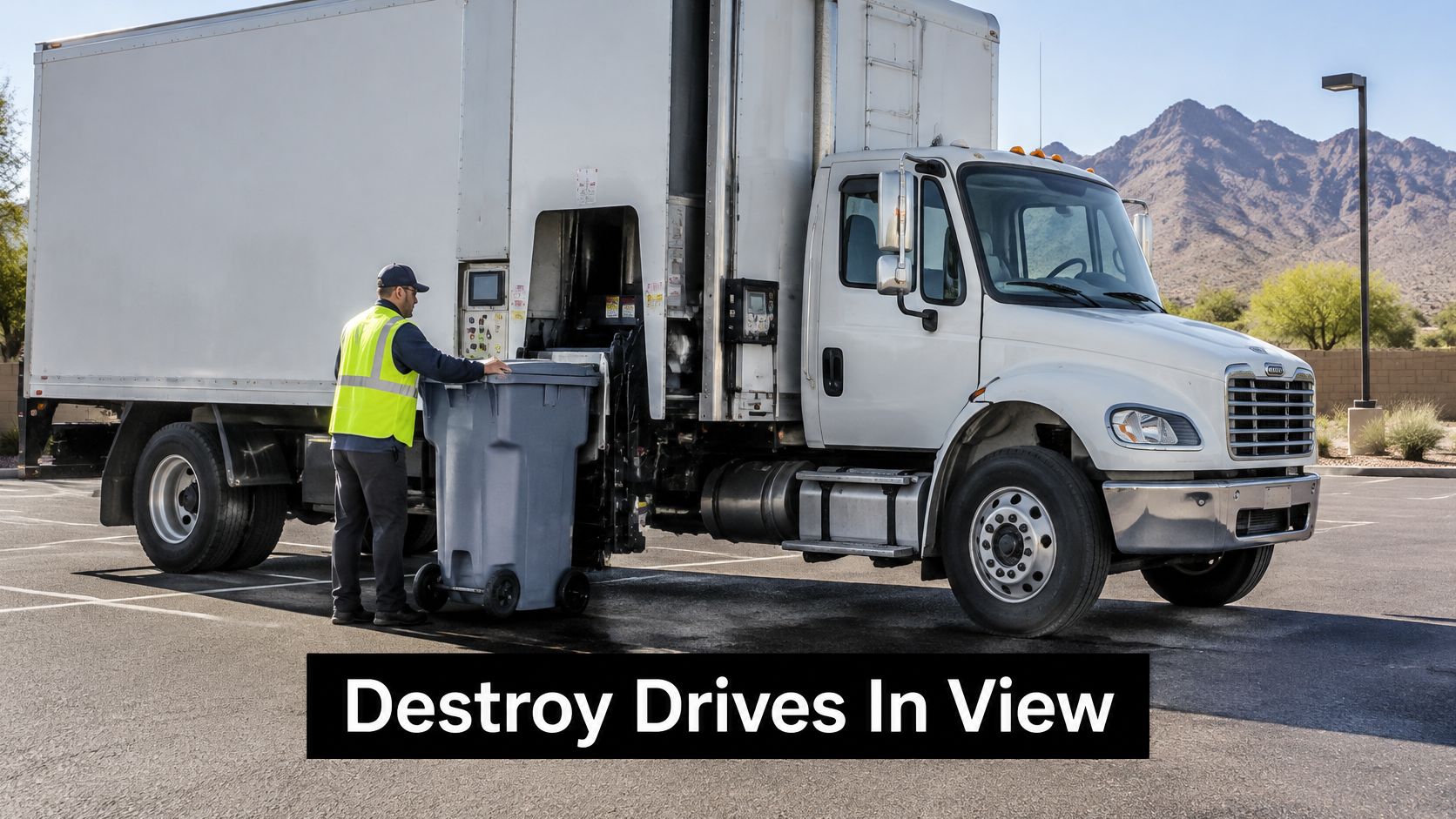 A professional technician loading a secure bin into a mobile data destruction shredding truck in Arizona.