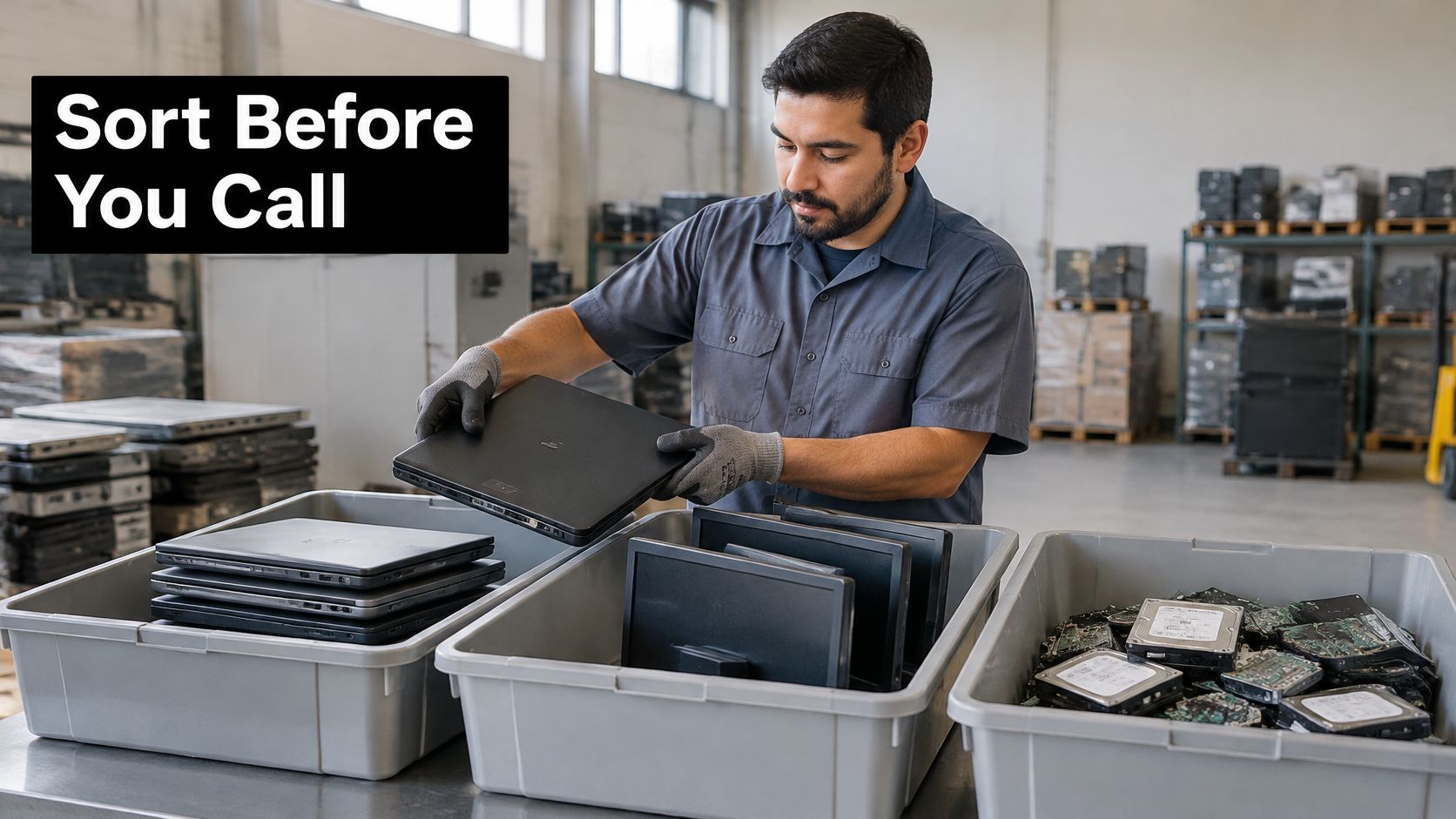 A technician in a warehouse sorting electronic waste components like laptops and hard drives for recycling.