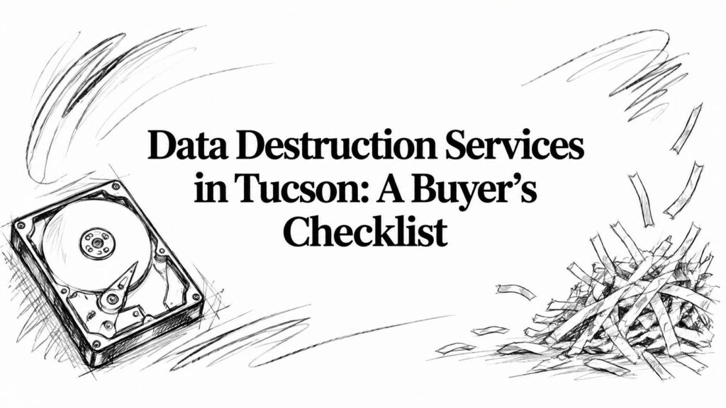 A hard drive and shredded paper illustrate this guide on data destruction services in Tucson.