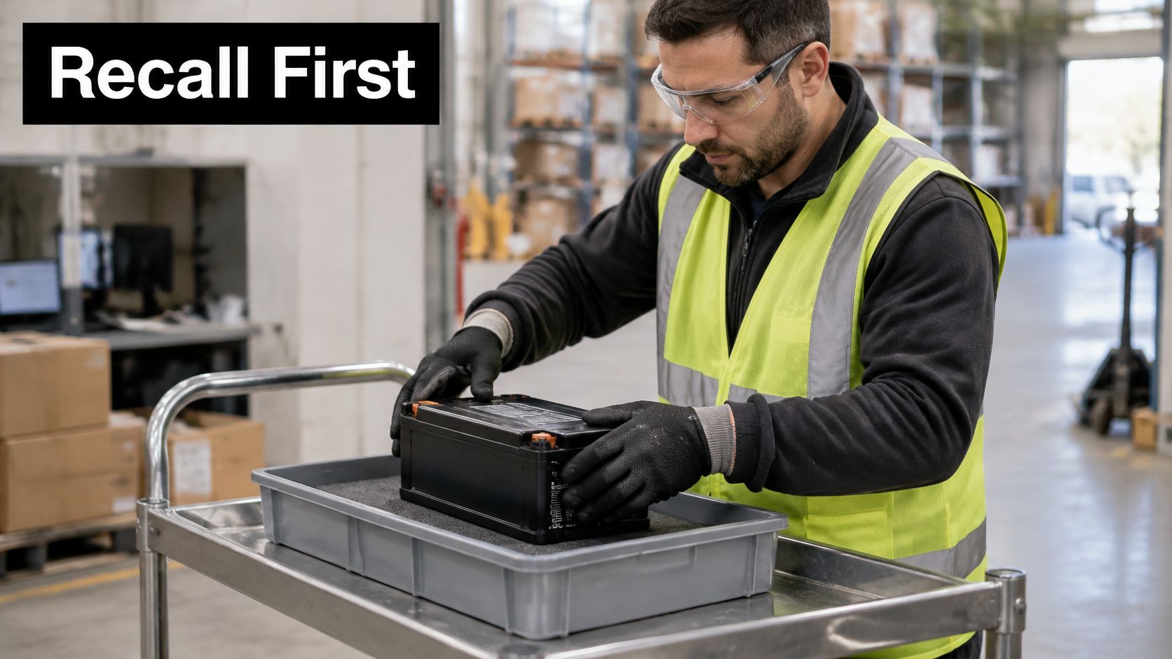 A warehouse worker wearing a high-visibility vest and safety glasses handles a battery for electronics recall disposal.