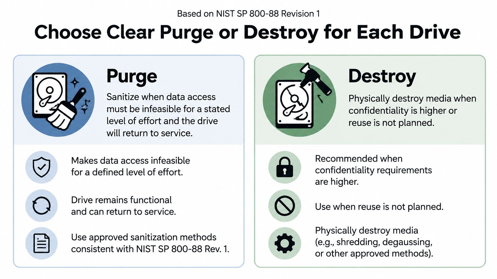 A guide illustrating NIST SP 800-88 standards for purging or destroying electronic storage drives.