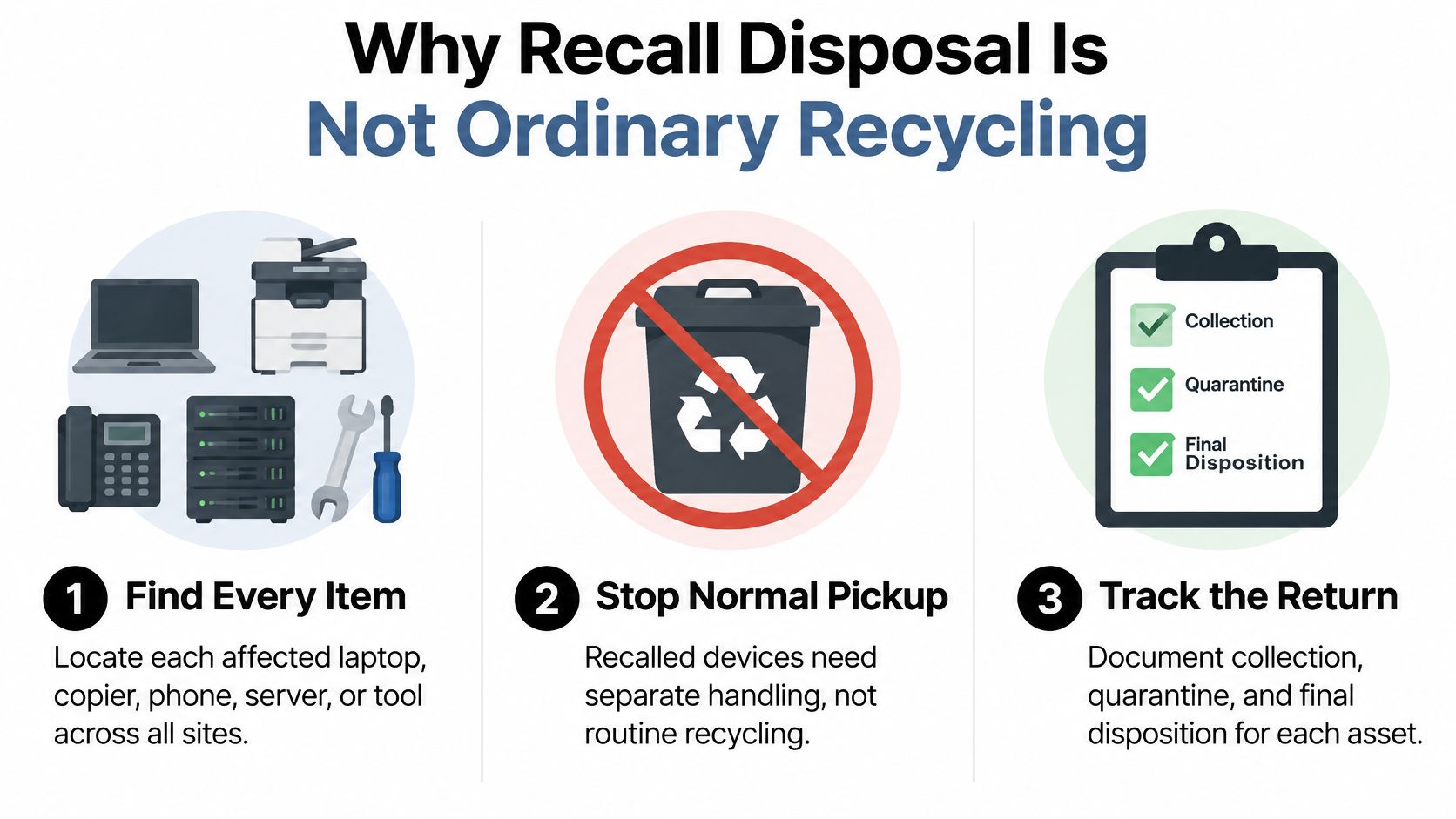 A three-step process infographic explaining why recalled electronics require special disposal instead of standard recycling methods.