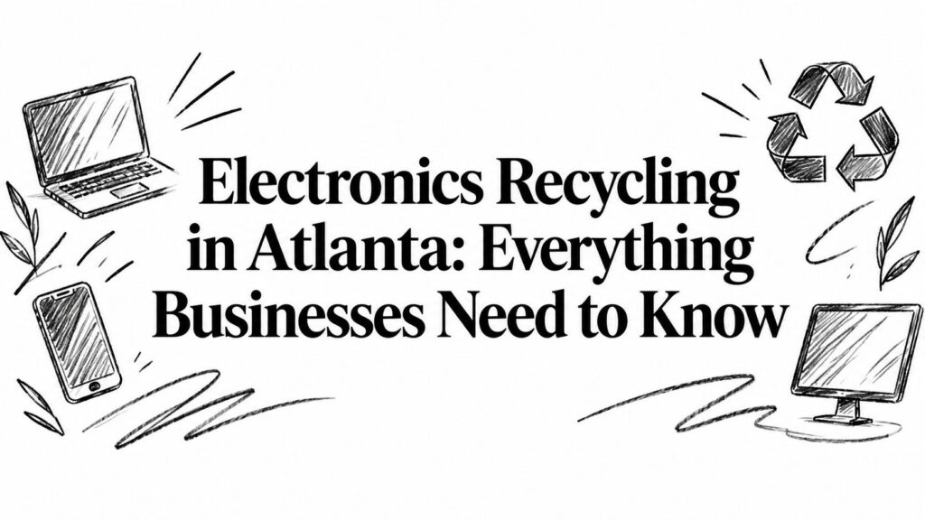 Tech illustrations accompany text about Electronics Recycling in Atlanta for businesses.