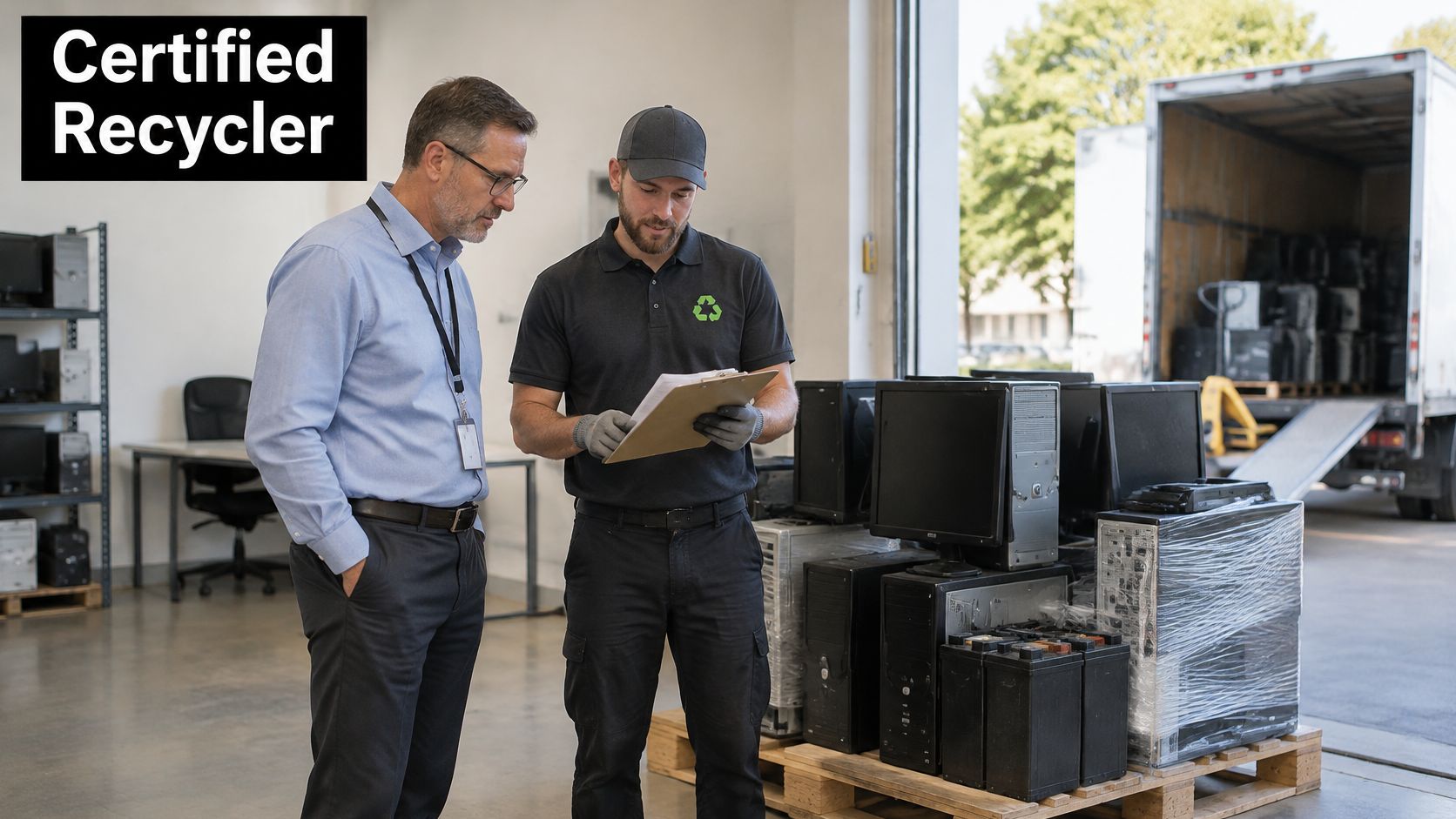 Professional in a shirt and a recycling worker reviewing electronic waste inventory on a clipboard in a warehouse.
