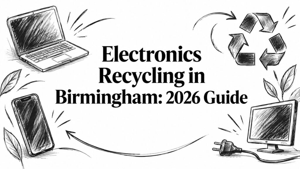 Sketches of a laptop, phone, and monitor for the 2026 Electronics Recycling in Birmingham guide.