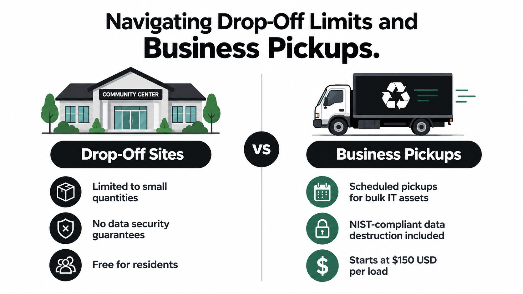 A comparison chart showing the differences between community drop-off sites and professional business electronics recycling pickups.