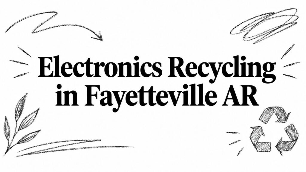Hand-drawn sketches surround text that reads “Electronics Recycling in Fayetteville AR.”