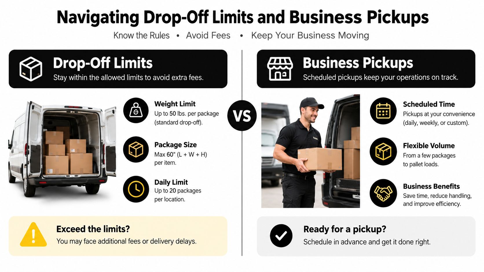A guide comparing package drop-off limits versus the benefits of scheduling professional business shipping pickups.