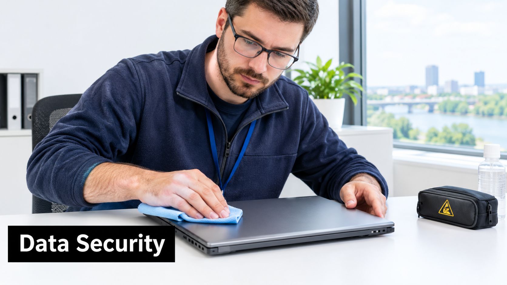 A professional man in a blue sweater wiping down a laptop with a blue microfiber cloth.