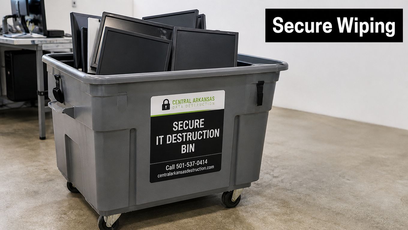 A gray rolling bin labeled for secure IT destruction filled with old computer monitors for electronics recycling.
