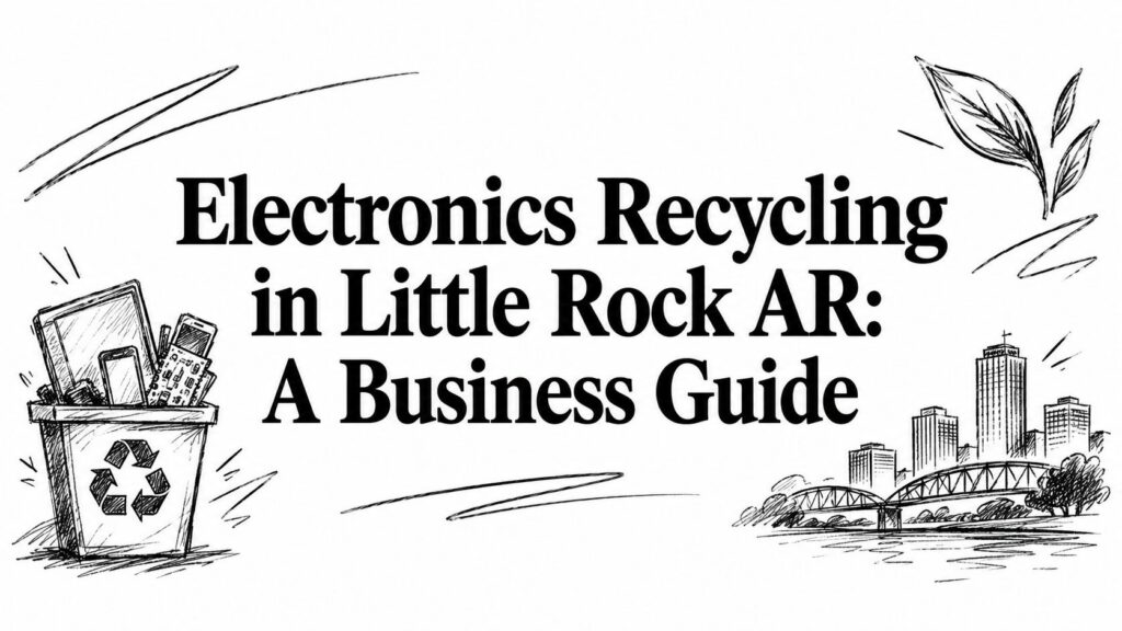 Electronics recycling business guide shows a bin, old devices, leaves, and sketches of a city skyline.