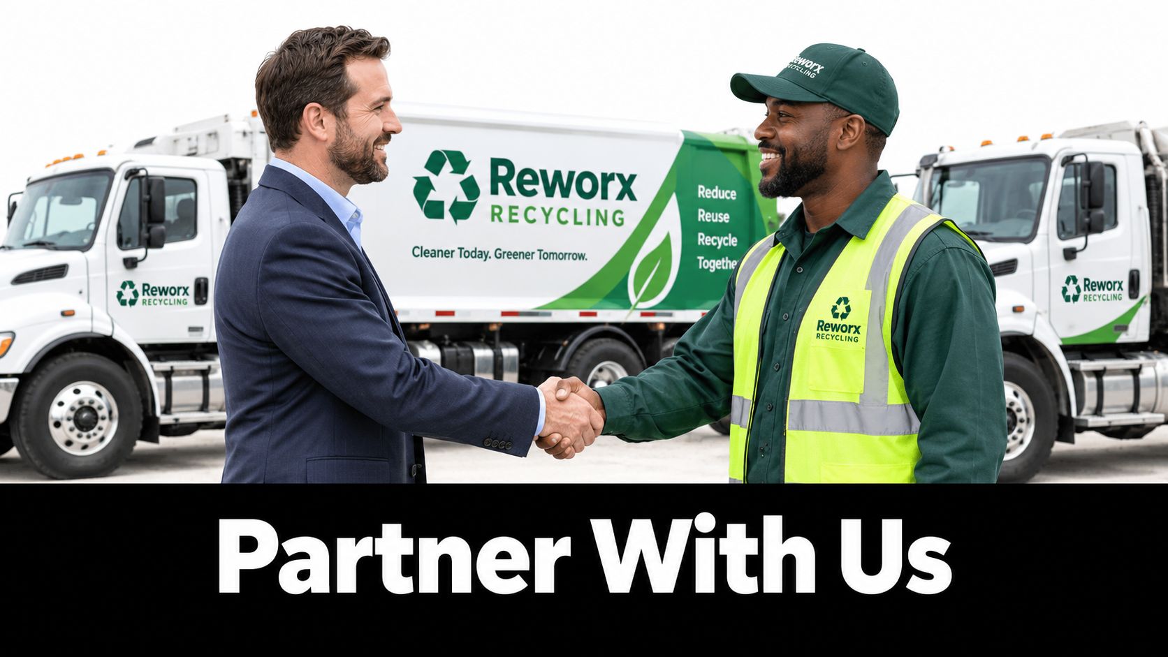 A professional in a business suit shaking hands with a Reworkx Recycling employee in front of trucks.