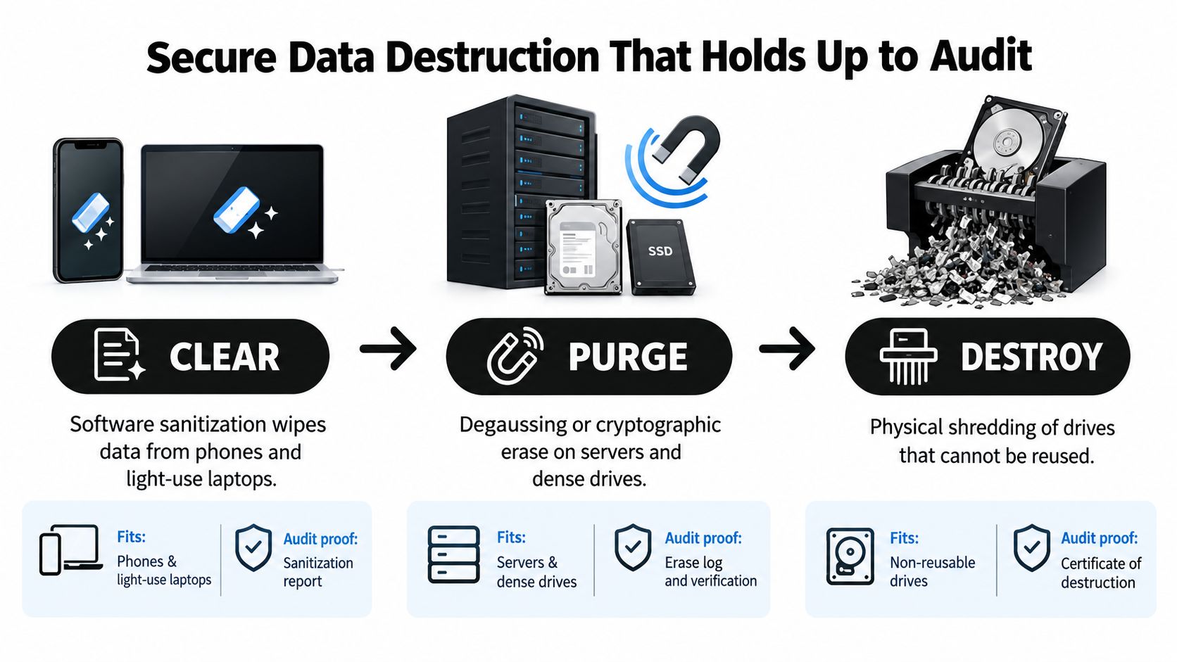 A diagram illustrating three secure data destruction methods: Clear, Purge, and Destroy for electronics recycling.