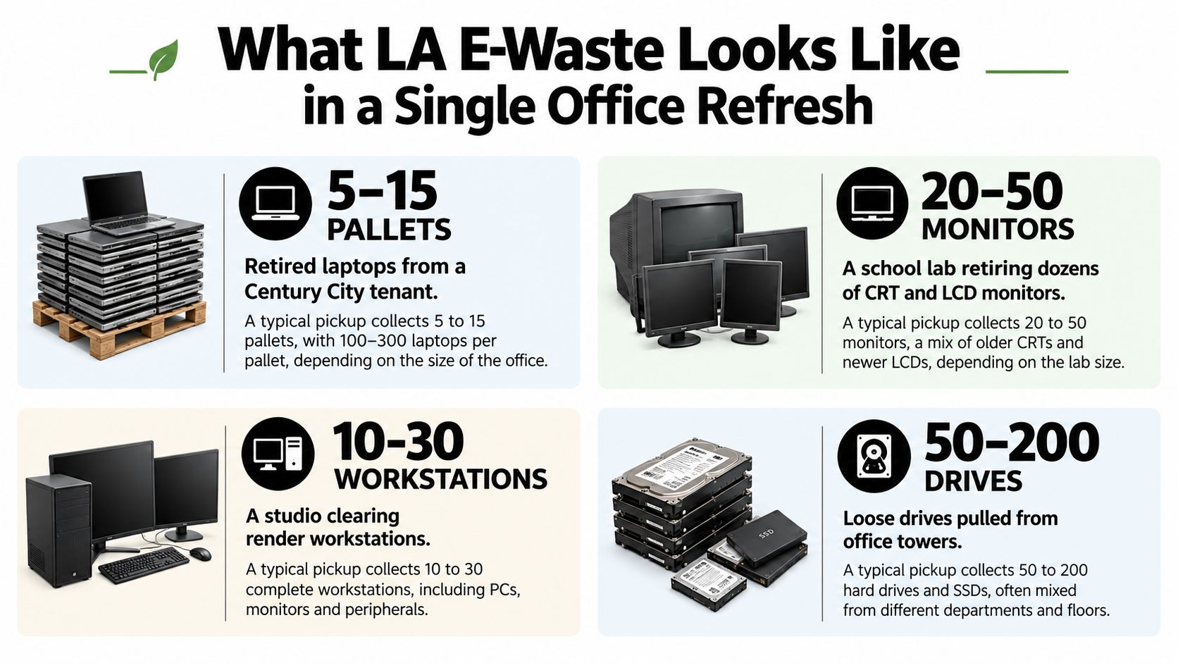 An infographic showing the typical volume of electronic waste collected from Los Angeles offices during refresh projects.