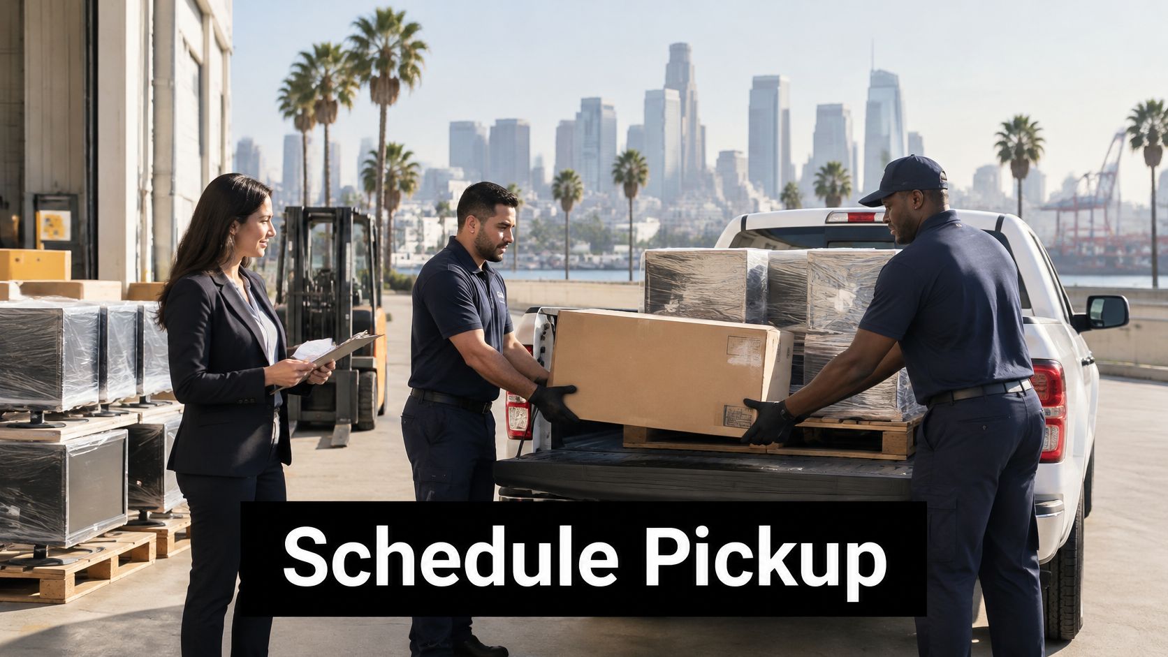 Professional logistics team loading packages onto a pickup truck for electronics recycling in Los Angeles, California.