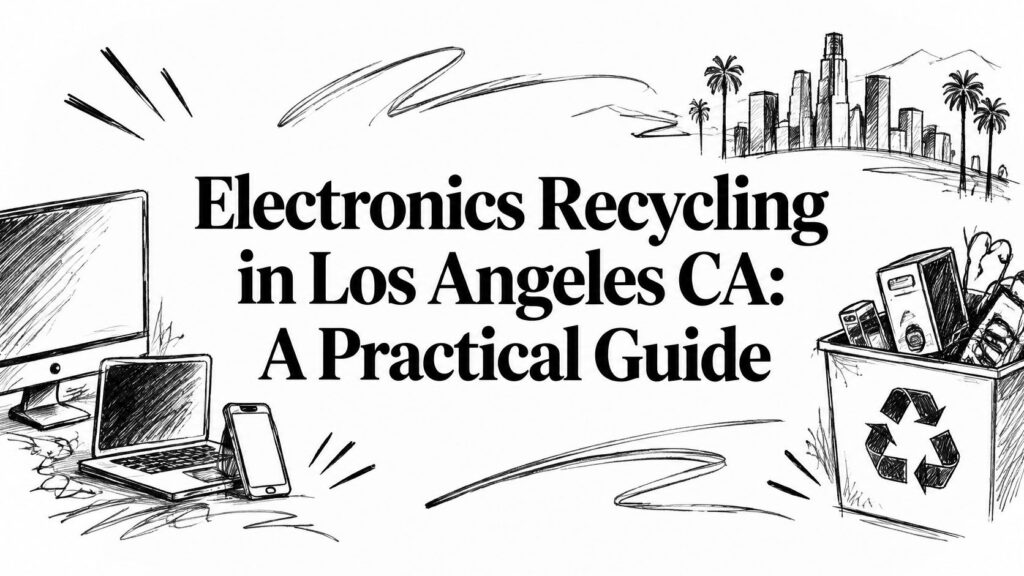 A line drawing of electronics recycling in Los Angeles featuring computers and a bin of e-waste.