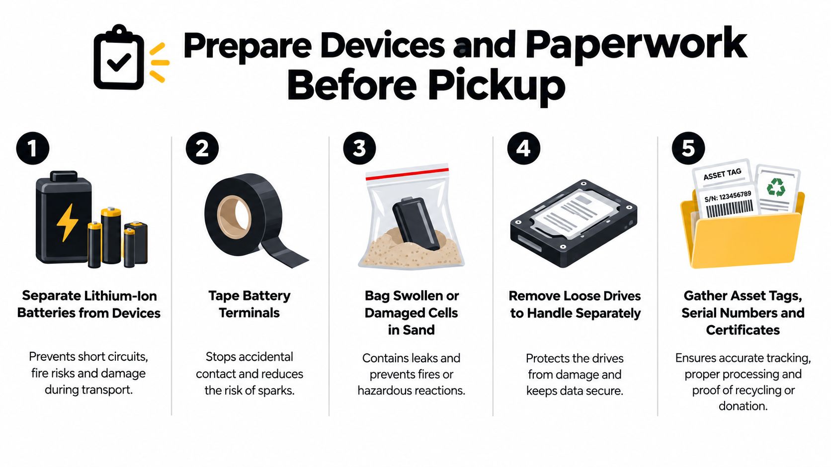 An infographic showing five steps to prepare electronics for recycling, including battery safety and paperwork gathering.
