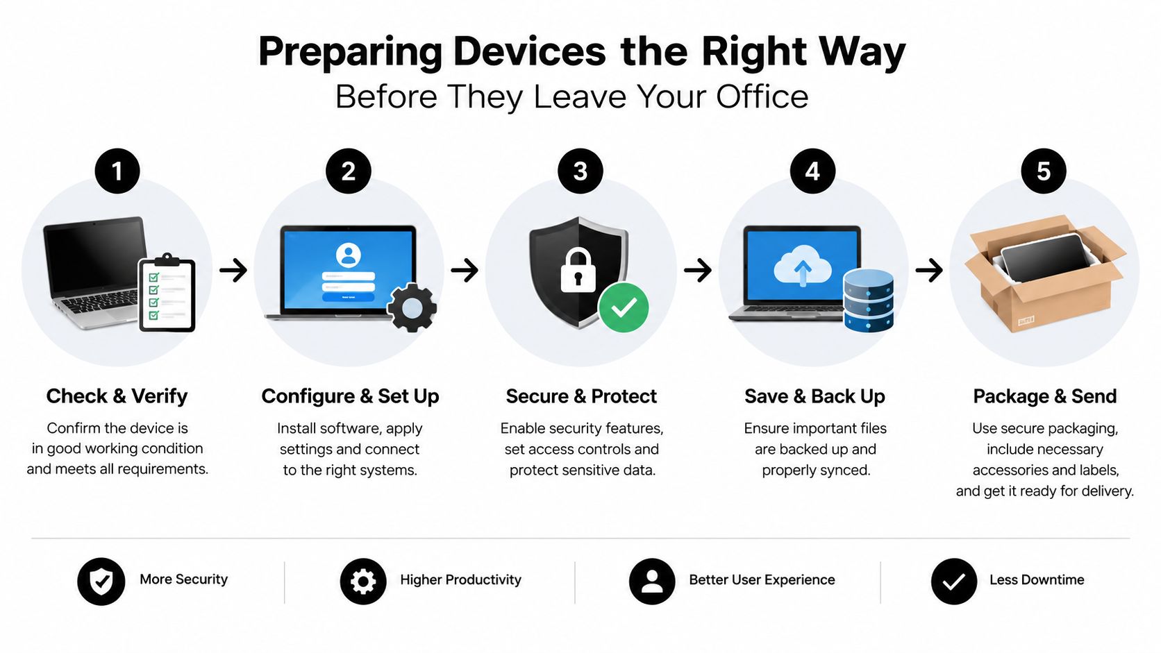 A five-step process infographic illustrating how to prepare office devices for remote delivery securely and efficiently.