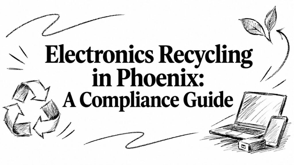 Graphic of a laptop and phone beside the text, Electronics Recycling in Phoenix: A Compliance Guide.