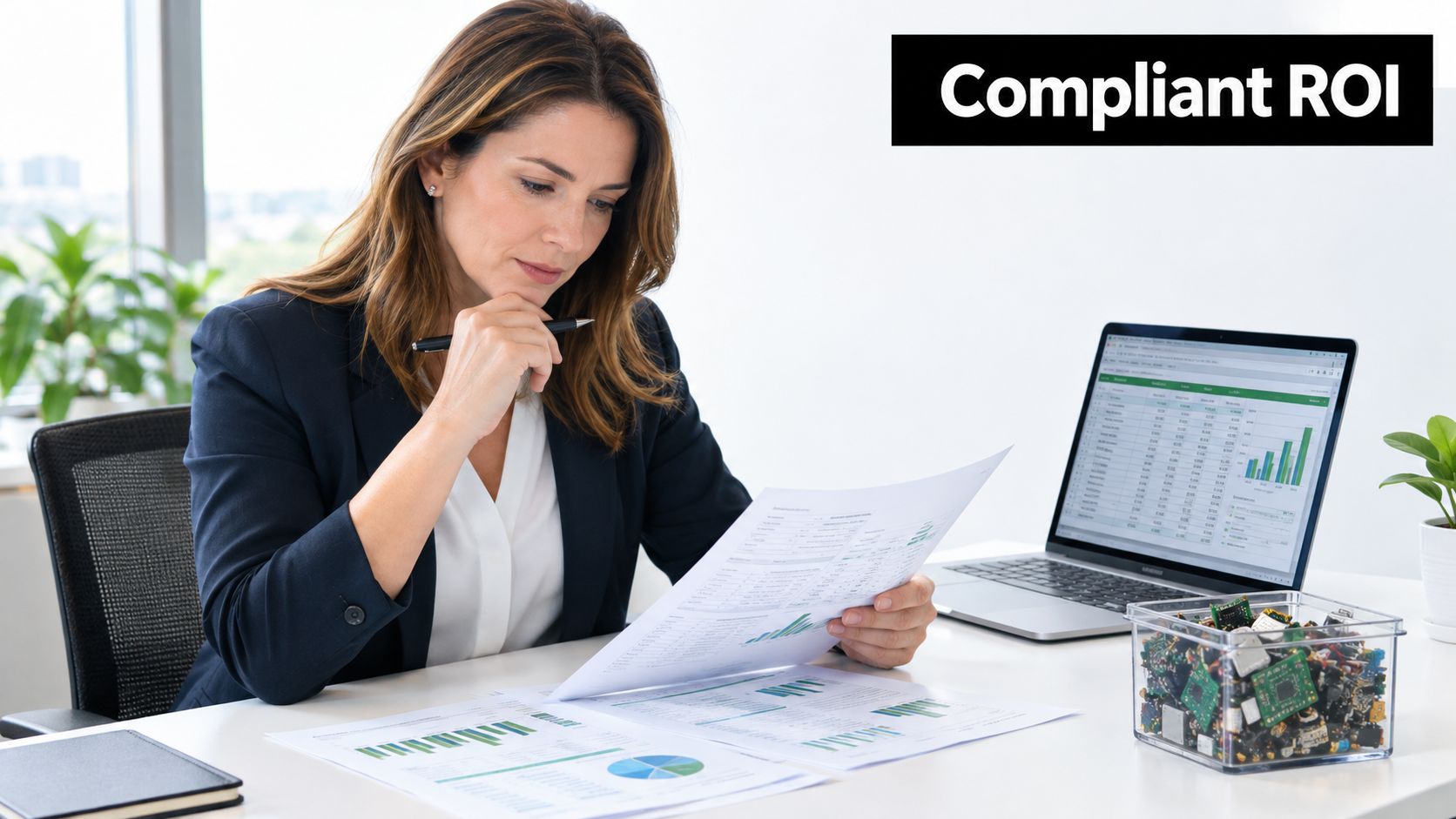 A professional woman in a business suit reviewing financial reports at her desk with electronics components.