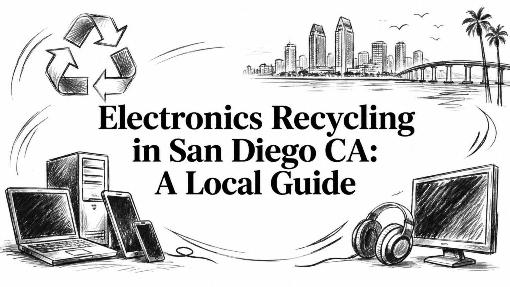 An electronics recycling guide illustration showing a San Diego city skyline and electronic devices.