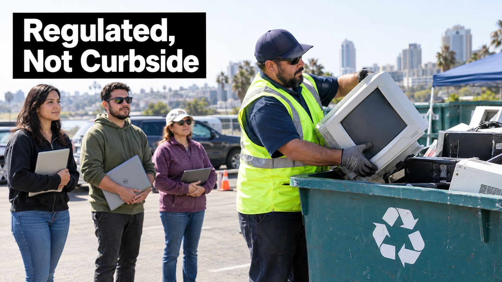A worker in a high-visibility vest puts an old computer monitor into a large electronics recycling bin.