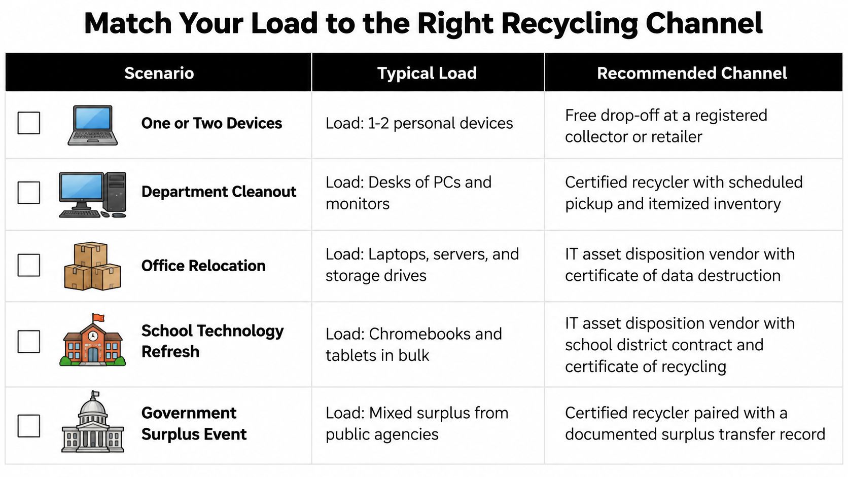 A chart detailing recommended electronics recycling channels based on different scenarios, typical load types, and user needs.