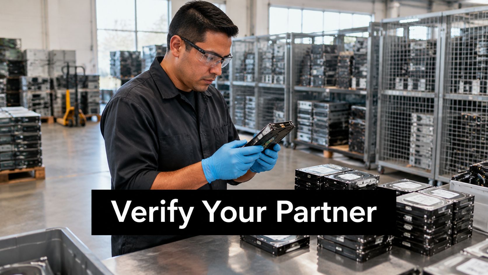 A technician wearing safety glasses and blue gloves inspects a hard drive in a recycling facility.