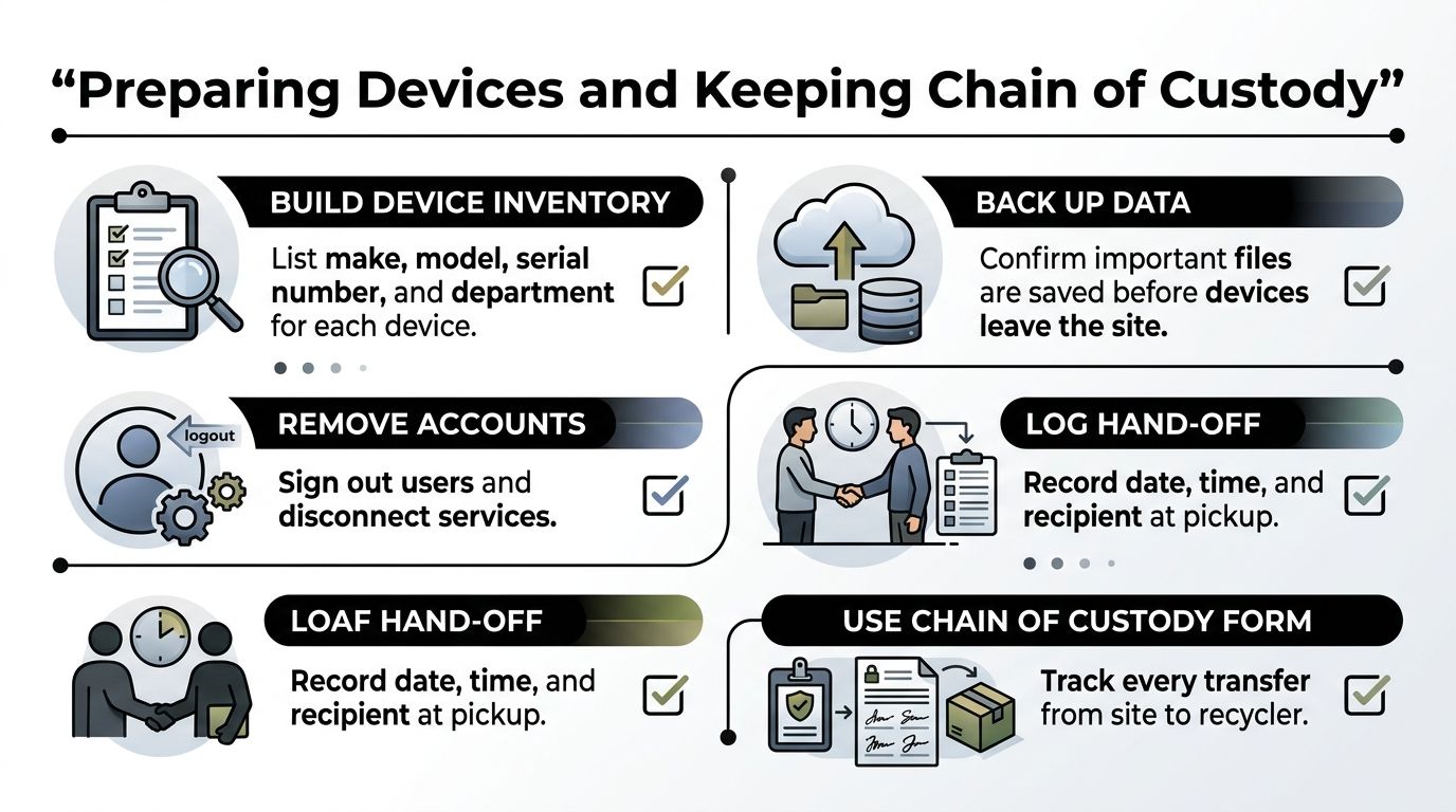 An infographic detailing steps for preparing electronics for recycling and maintaining a secure chain of custody.