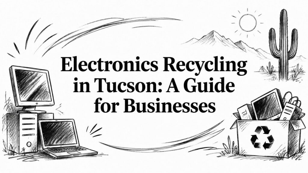 A sketch displays a computer, a cactus, and a box of electronics with a recycling symbol.