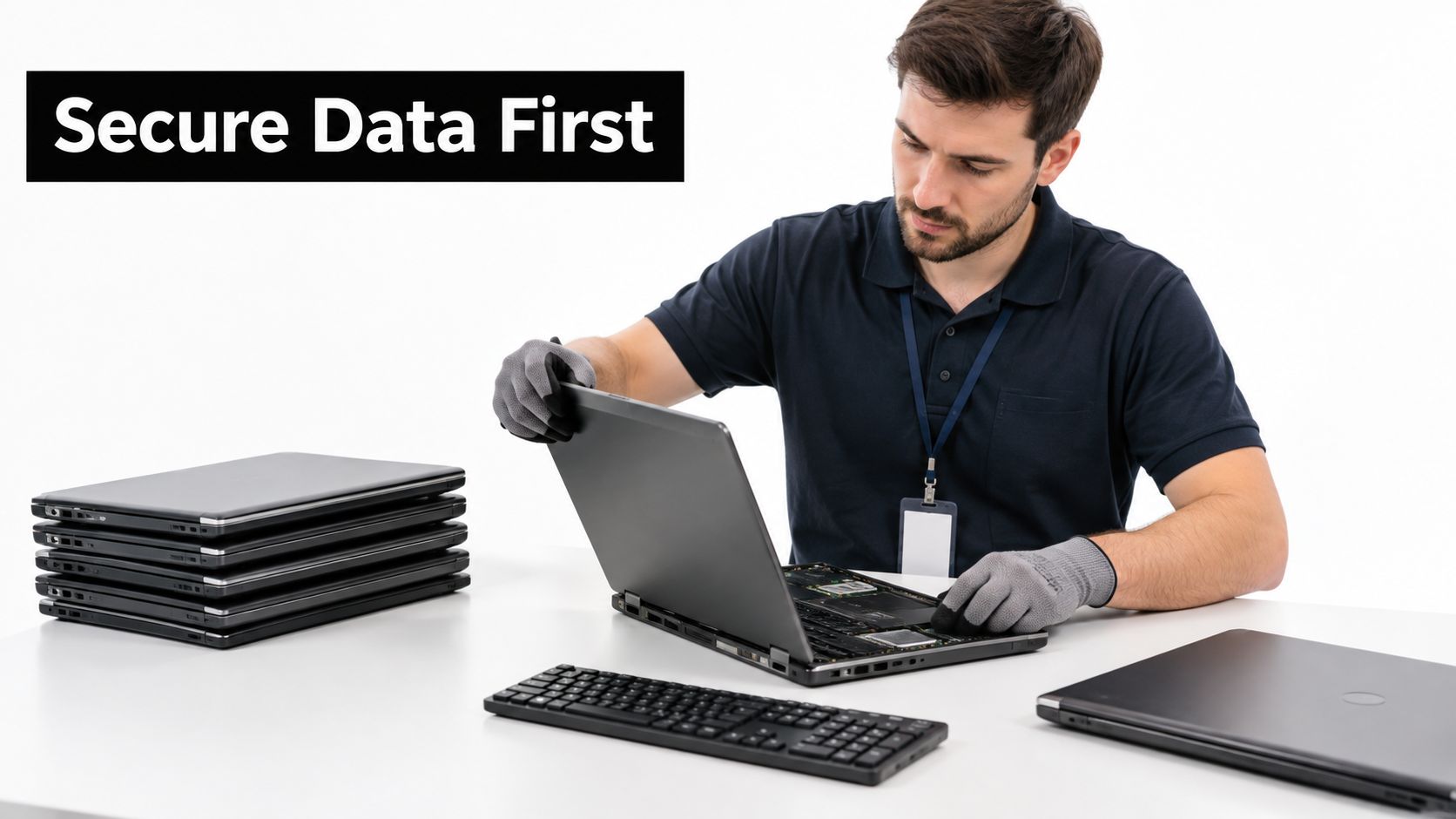 A technician wearing grey gloves works on disassembling a laptop, with a stack of laptops nearby.